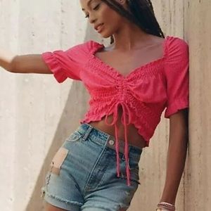 Anthropology Pilcro Pink Rose Cropped Front Tie Ruched Blouse Puff Sleeves